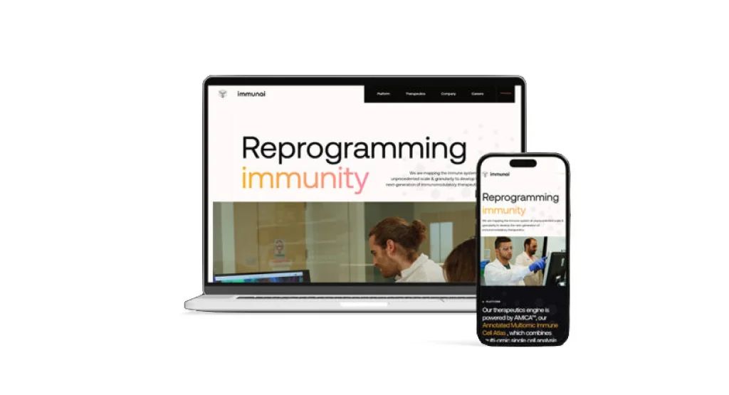 A mock-up showing the homepage of immunai website on a laptop and a phone