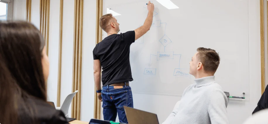 The image shows a business meeting. A man wearing a black t-shirt and jeans stands at a whiteboard, drawing a flowchart. Two people are seated at the table, attentively listening and observing. 