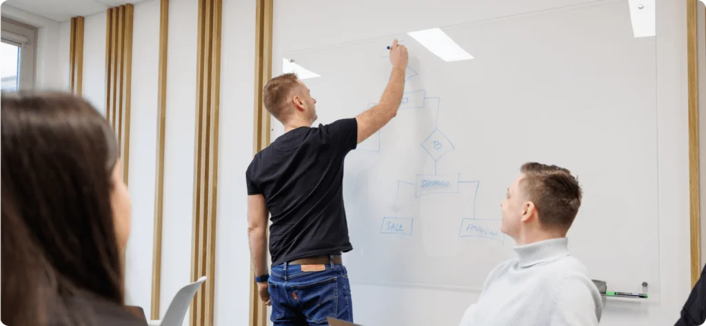 A photo showing a man in a meeting drawing a scheme on a whiteboard, two people are watching him