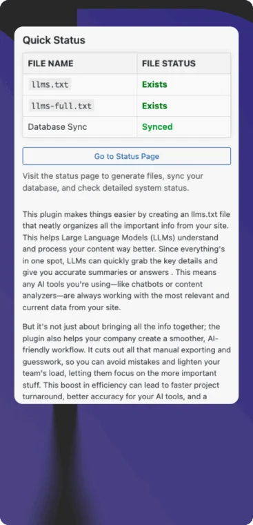 A screenshot of Ambiscale LLMs Friendly plugin presenting Quick status of llms.txt file