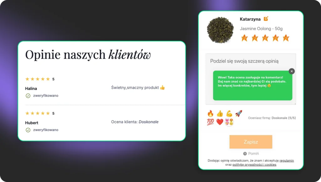 Graphic showing two screenshots: the Customer opinions section and an automated request for a product review after purchase.