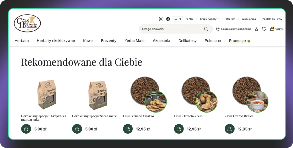 Screenshot showing the “Recommended for you” section with product recommendations, including teas and coffees.