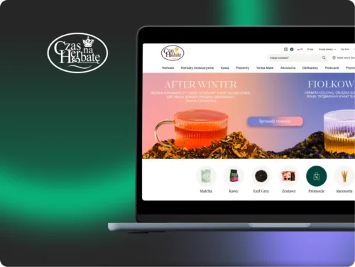 Okładka case study: logo Czas na Herbatę obok laptopa wyświetlającego stronę główną sklepu internetowego ze zdjęciem filiżanki herbaty.